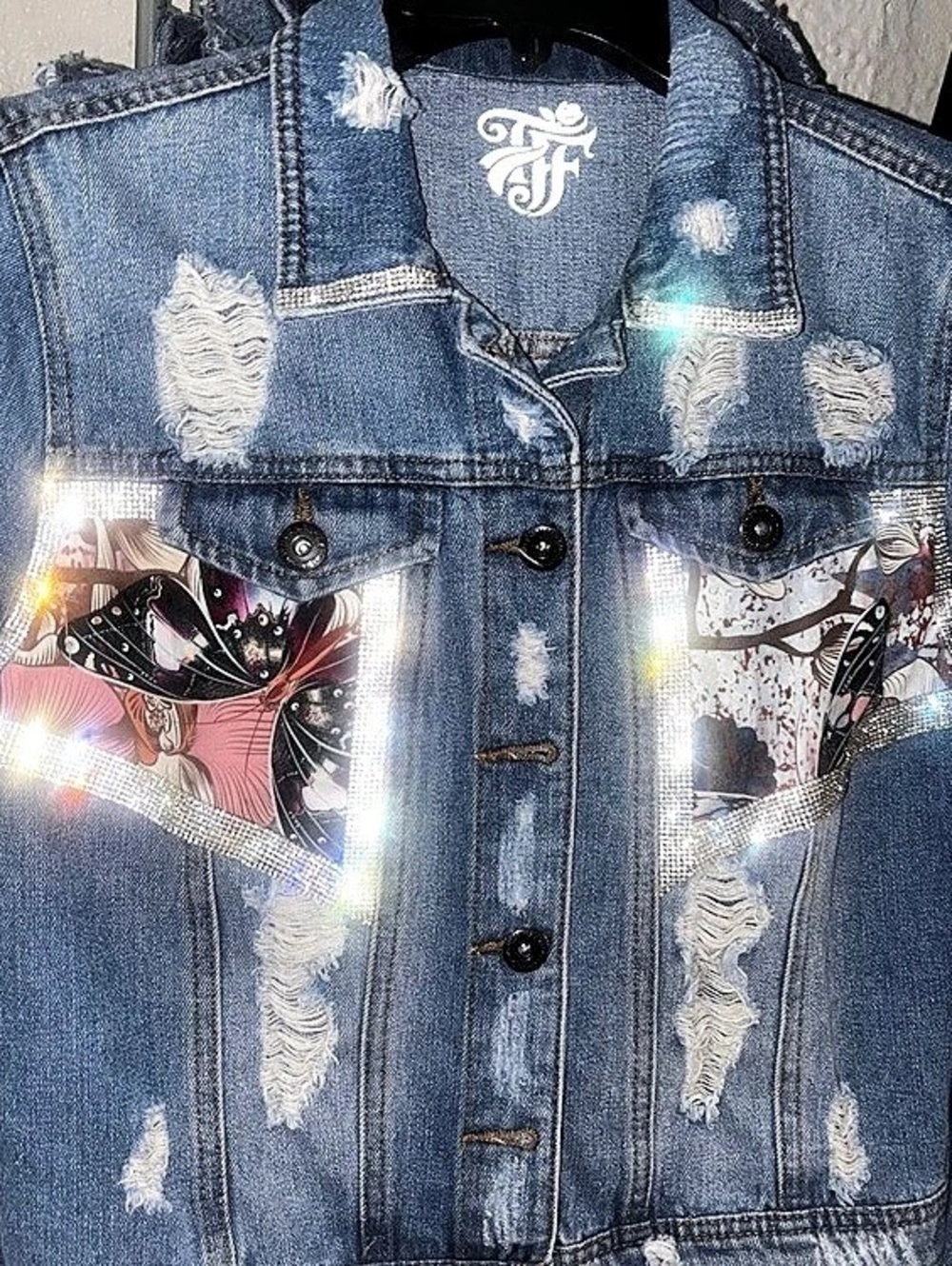 Distressed Custom One of Kind Floral Embellished Denim Jacket with Rhinestones